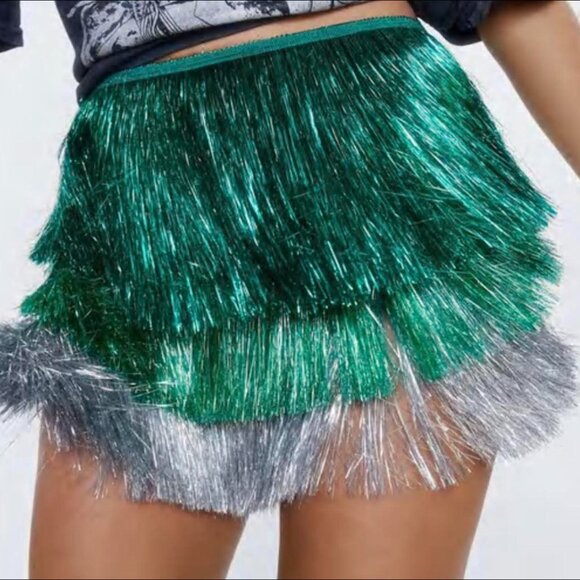 NWT Nasty Gal Fringe Mini Skirt Skort – US 4 - TURQUOISE & SILVER - Festival - Picture 2 of 8
